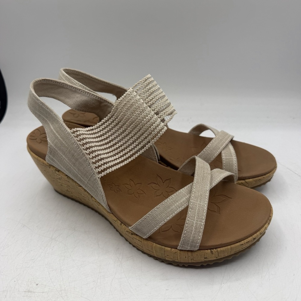 Skechers Beverlee High Tea Wedge Sandals Womens 9 Natural Beige Slingback 31723